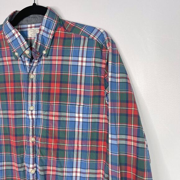J Crew Mens Medium M Blue Red Green Plaid Button Down Shirt Cotton Long Sleeve - Picture 3 of 6
